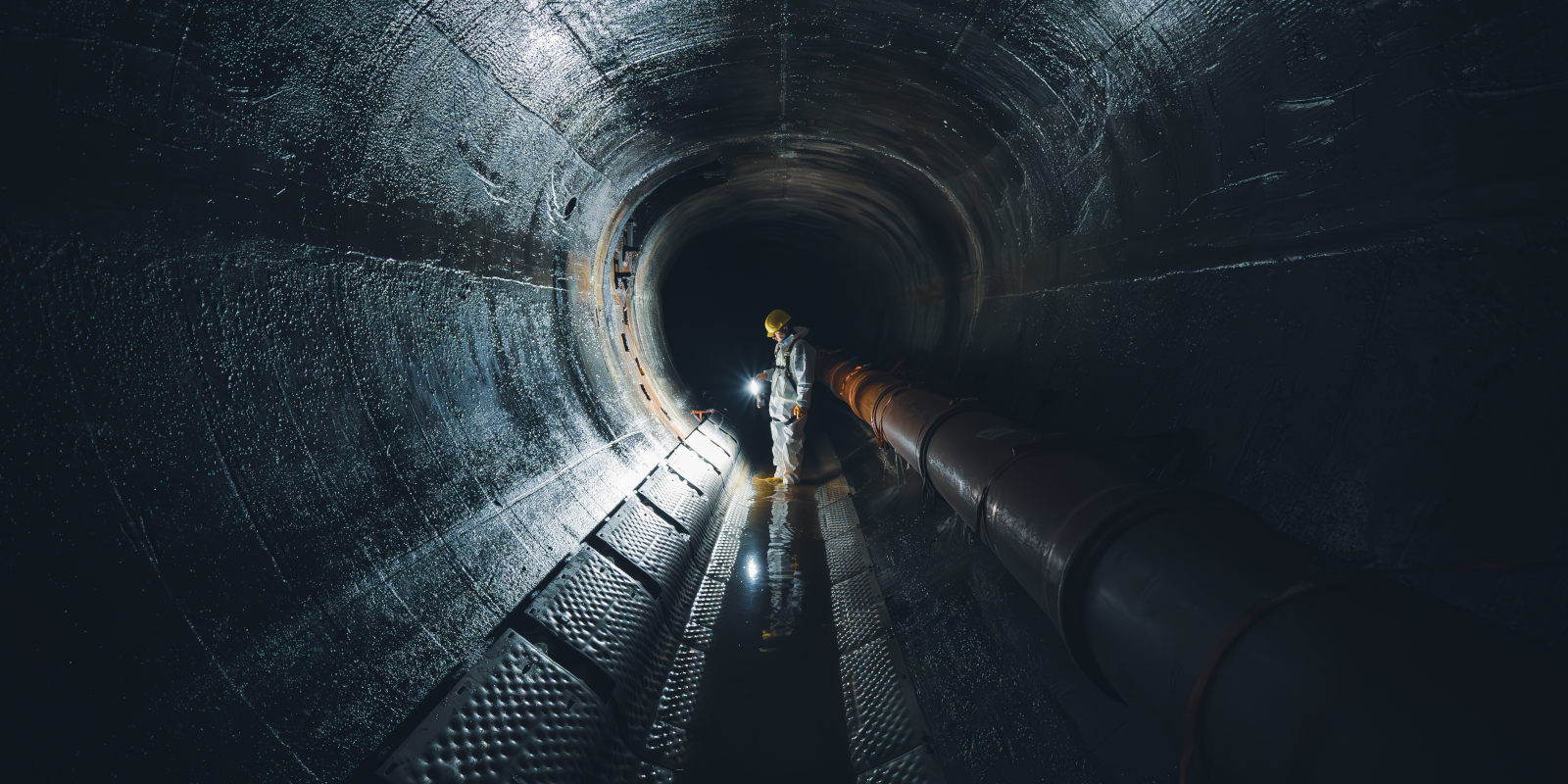 Mann steht in einem riesigen Kanal, in dem Wärmetauscher eingebaut sind