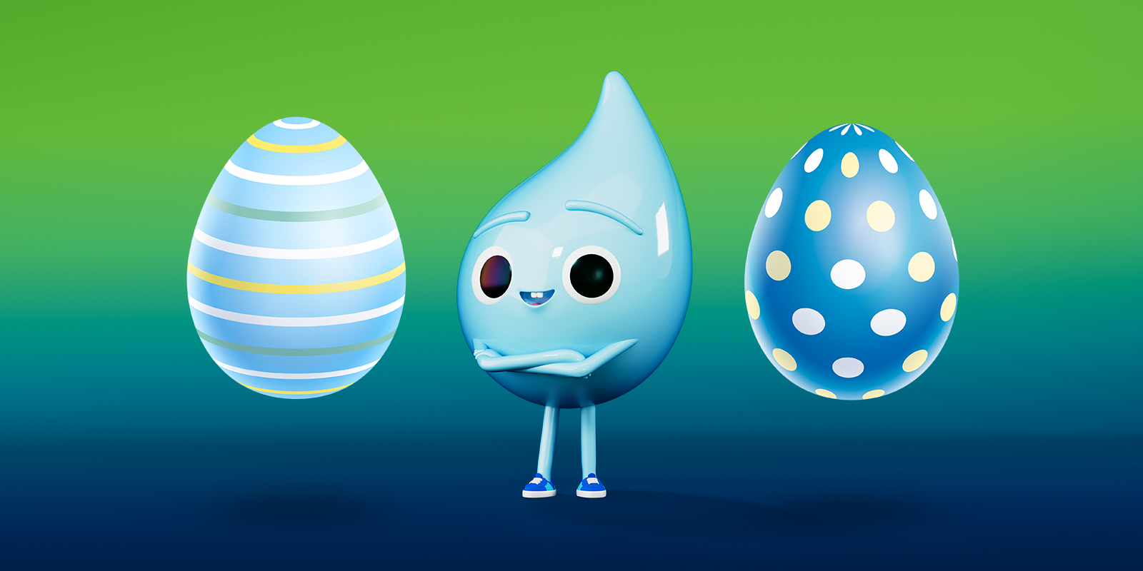 Zwei Ostereier, in der MItte ein Wassertropfen