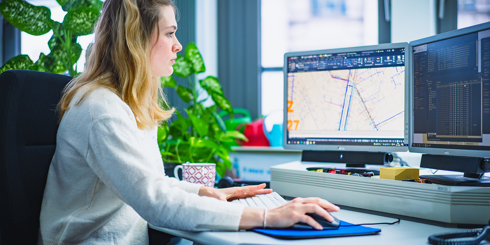 Junge Mitarbeiterin recherchiert am Computer