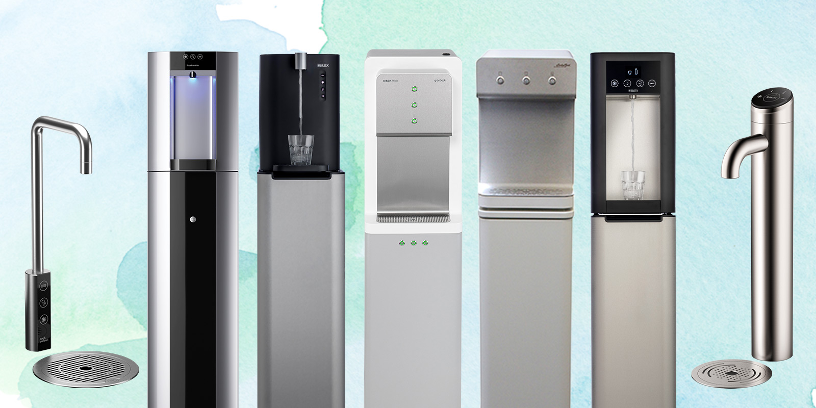 Abbildung verschiedener Wasserspendermodelle vor einem blauen Aquarellhintergrund
