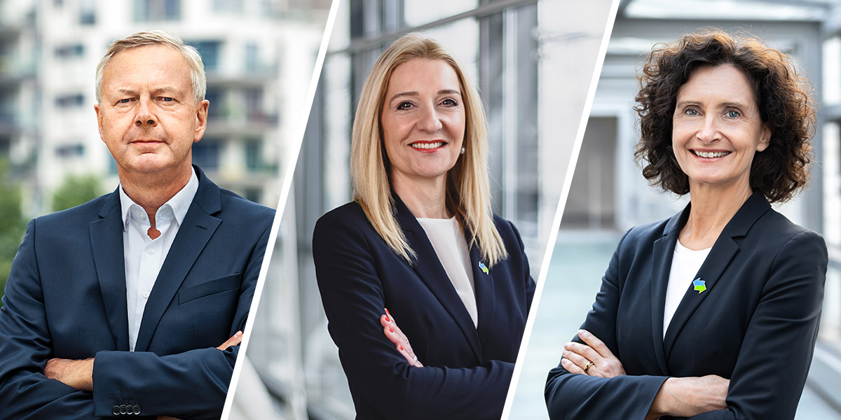 Die Vorstände der Berliner Wasserbetriebe Frank Bruckmann, Kerstin Oster und Dr. Gesche Grützmacher stehen nebeneinander