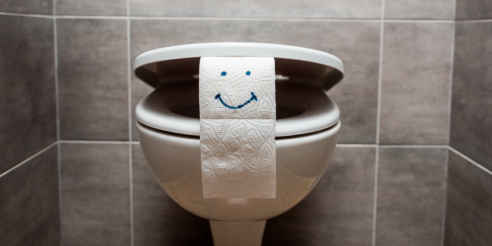 Klopapierrolle mit Smiley im Klodeckel eingeklemmt