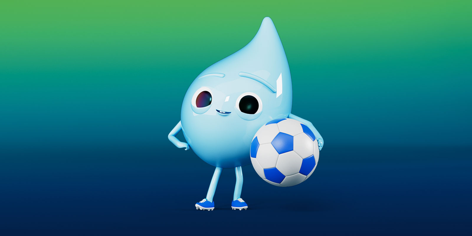 Wassertropfen mit einem Fußball unter dem Arm