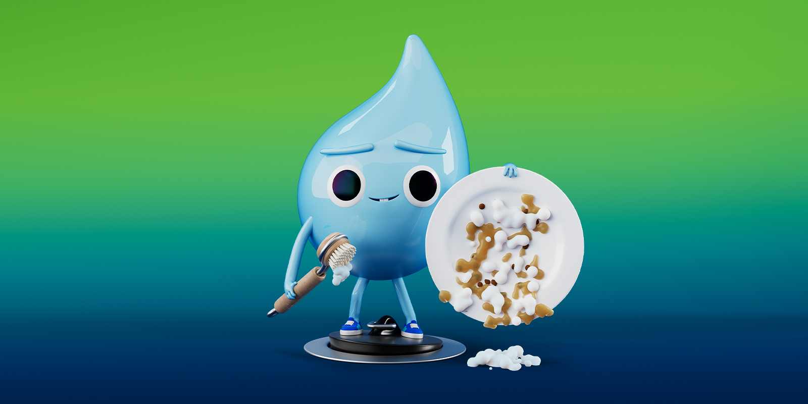Ein Comic-Wassertropfen wäscht einen Teller ab