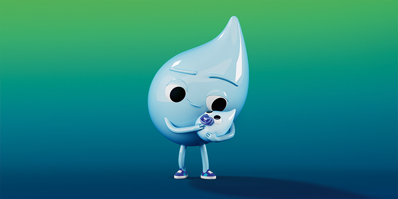 Virtueller Wassertropfen, der einen Babytropfen auf dem Arm trägt