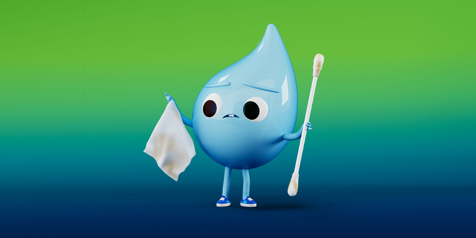 Kleiner Wassertropfen hält Feuchtuch und Wattestäbchen in der Hand.