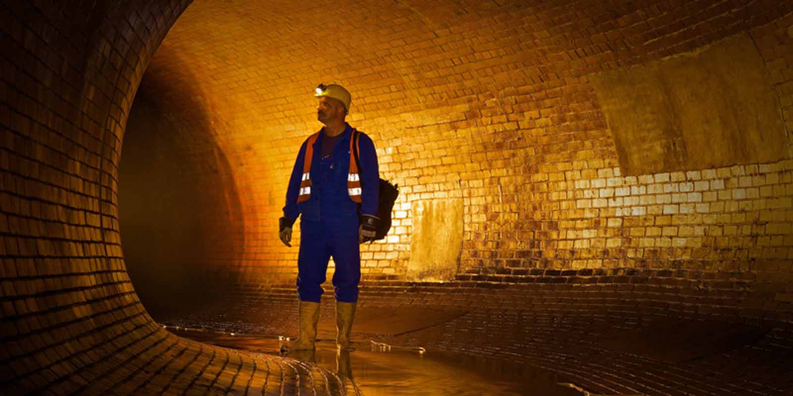 Mann steht in einem Regenwasserkanal