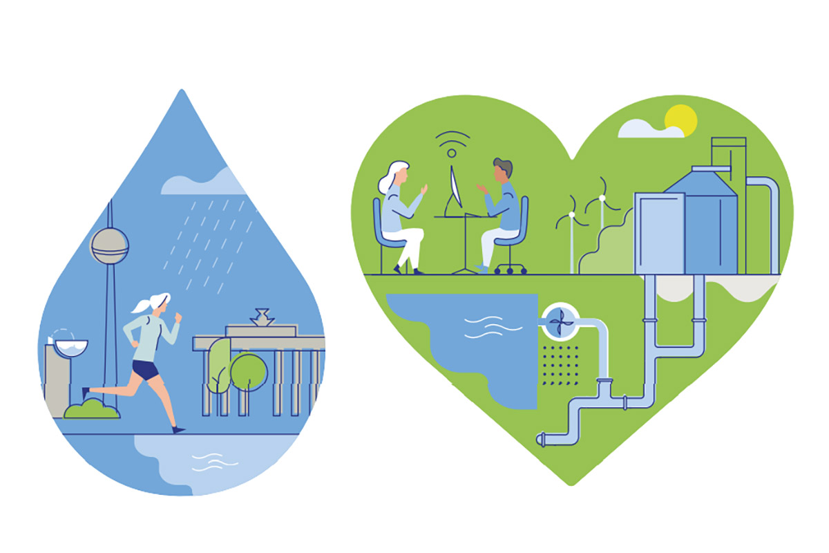 Illustrationen zum Thema Nachhaltigket: Joggerin, Windräder, Wasserrohre